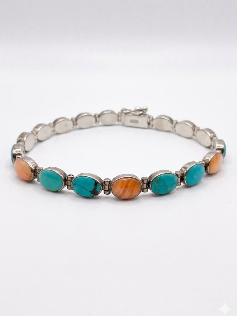 Vintage Sterling Silver Turquoise & Spiny Oyster Link Tennis Bracelet